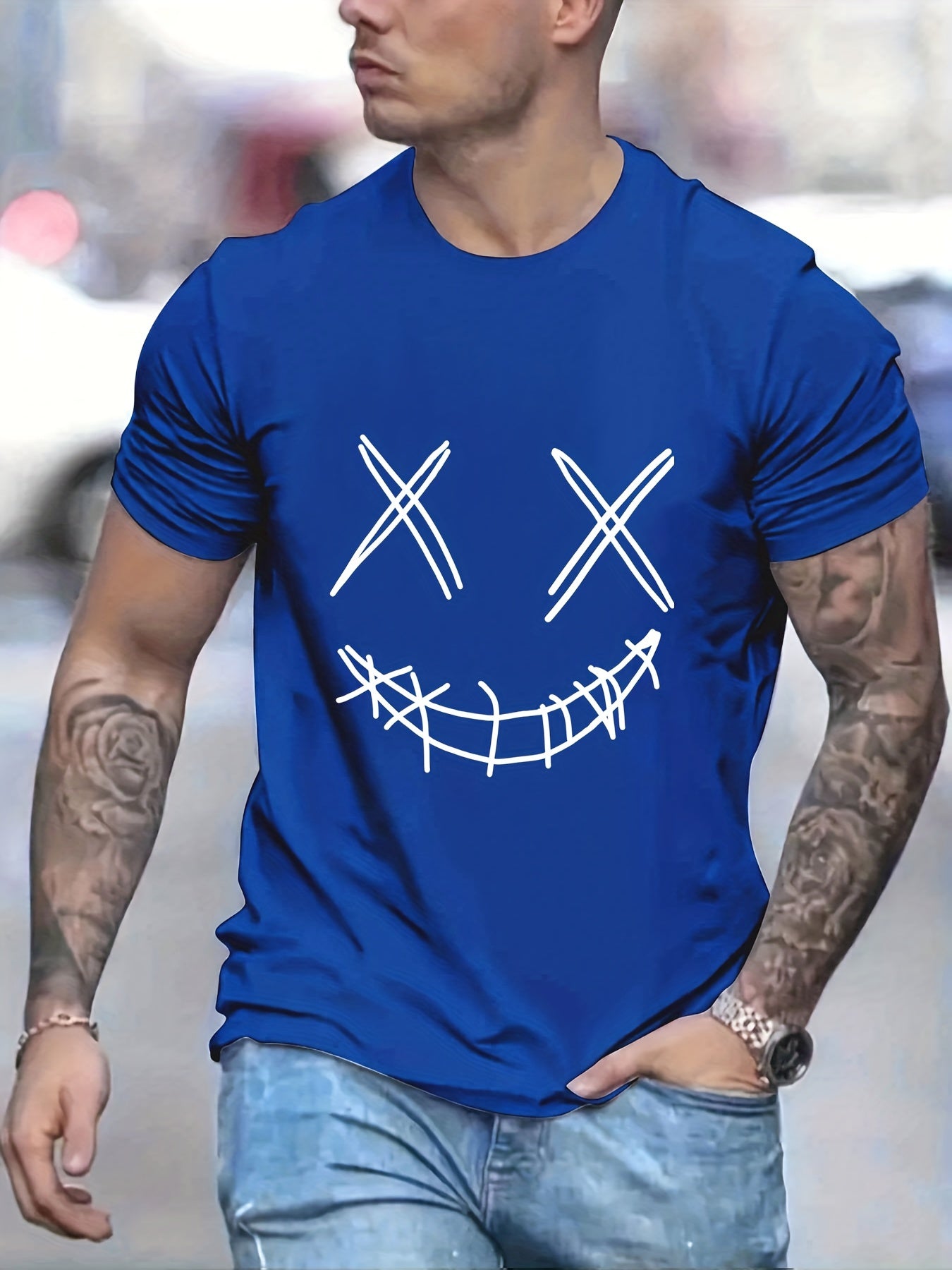 Men's Smiling Face Graphic Casual T Shirt Crew Neck Comfy Top
