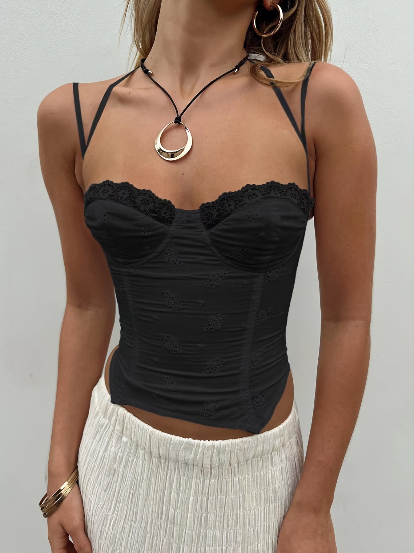 Lace Zipper Bustier Cami Top Y2K Sweetheart Neck Spaghetti Strap