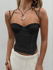 Lace Zipper Bustier Cami Top Y2K Sweetheart Neck Spaghetti Strap