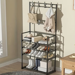 Standing Coat Rack with 3-4 Layers of Storage and 8 Double Hooks