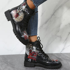Rabbit & Figure Graphic Lace Up Combat Boots Women's Ankle Boots