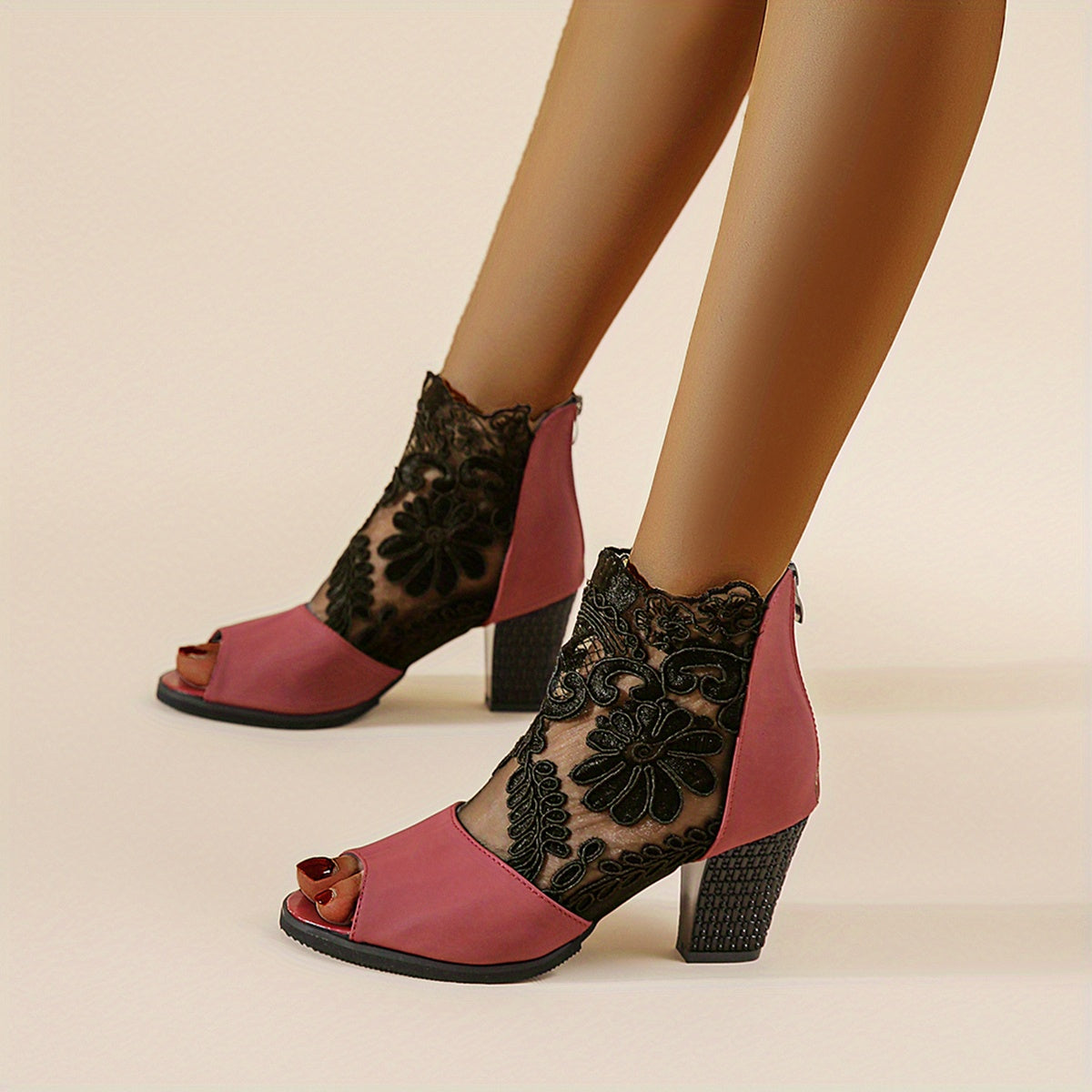 Women's Applique Peep Toe Pumps Chunky Heel Sandals