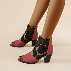 Women's Applique Peep Toe Pumps Chunky Heel Sandals
