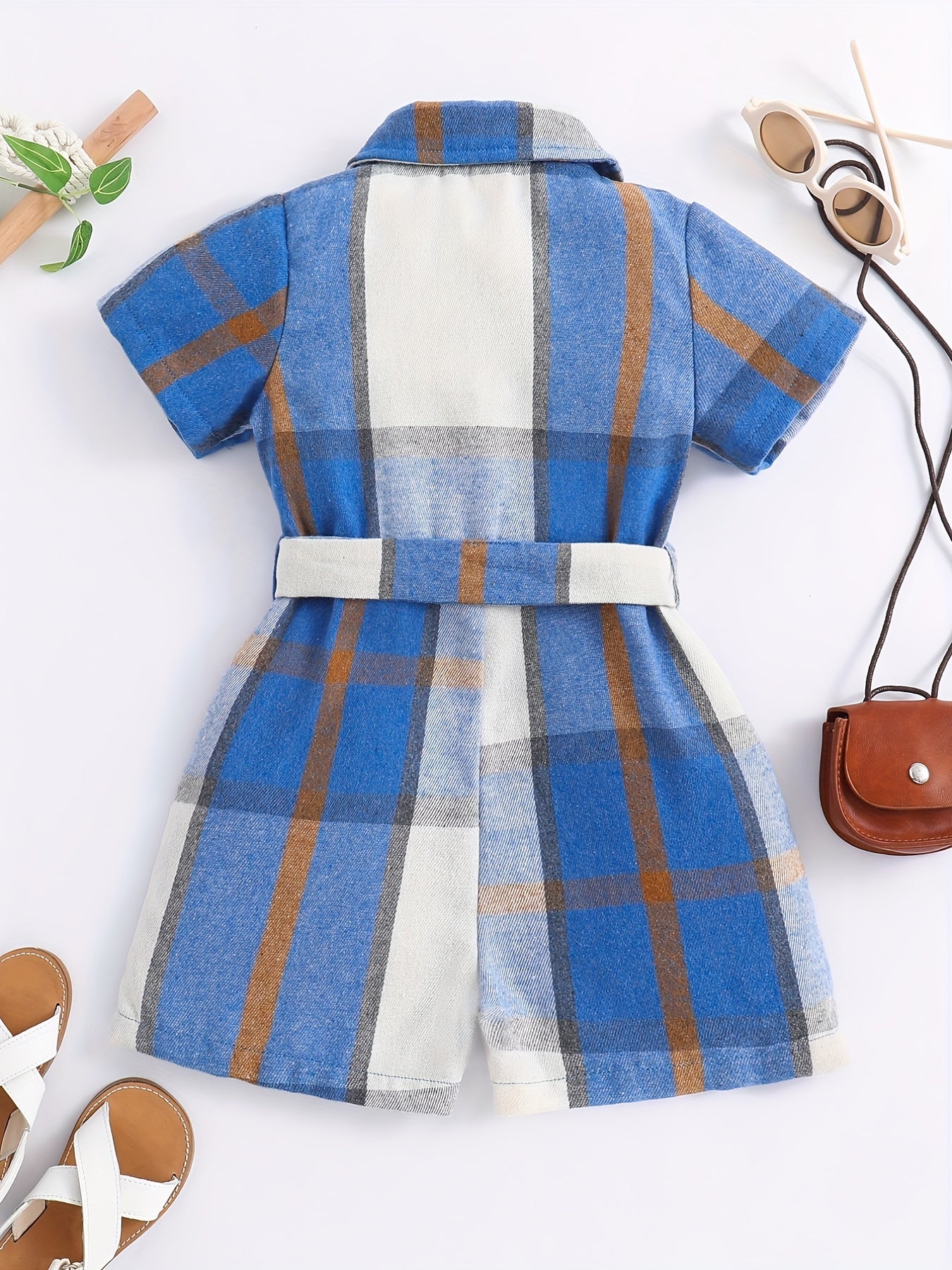 Girls Plaid Jumpsuit Button Short Sleeve Bow Belt Summer Outfit