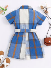Girls Plaid Jumpsuit Button Short Sleeve Bow Belt Summer Outfit