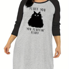 Nightdress Women's Plus Cat & Letter Graphic Raglan Long Sleeve