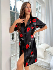 Red Lips Print Nightdress Short Sleeve Sleep Dress Women's Sleepwear