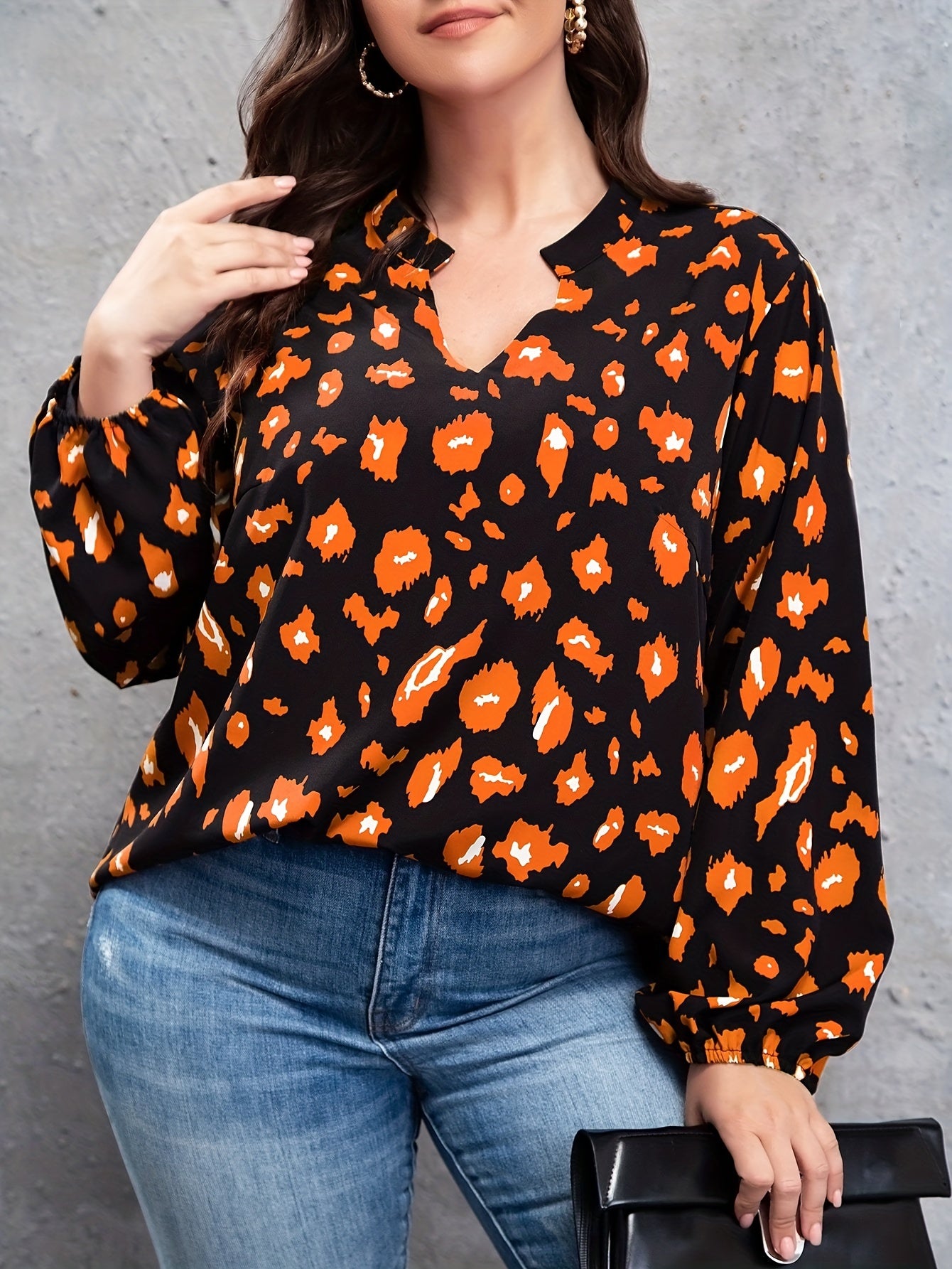 Leopard Print Long Sleeve V Neck Top