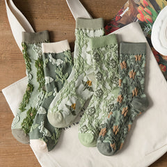 5 Pairs Floral Print Socks Women's Mid Tube Stockings Breathable