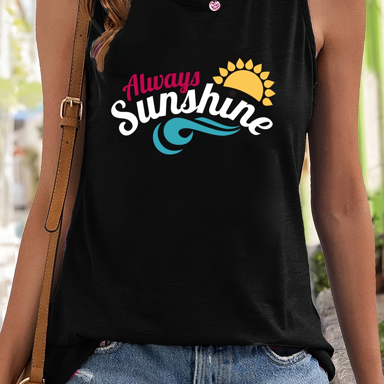 Sun & Letter Pattern Sports Vest Round Neck Sleeveless Top