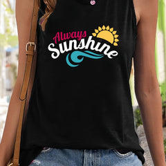 Sun & Letter Pattern Sports Vest Round Neck Sleeveless Top