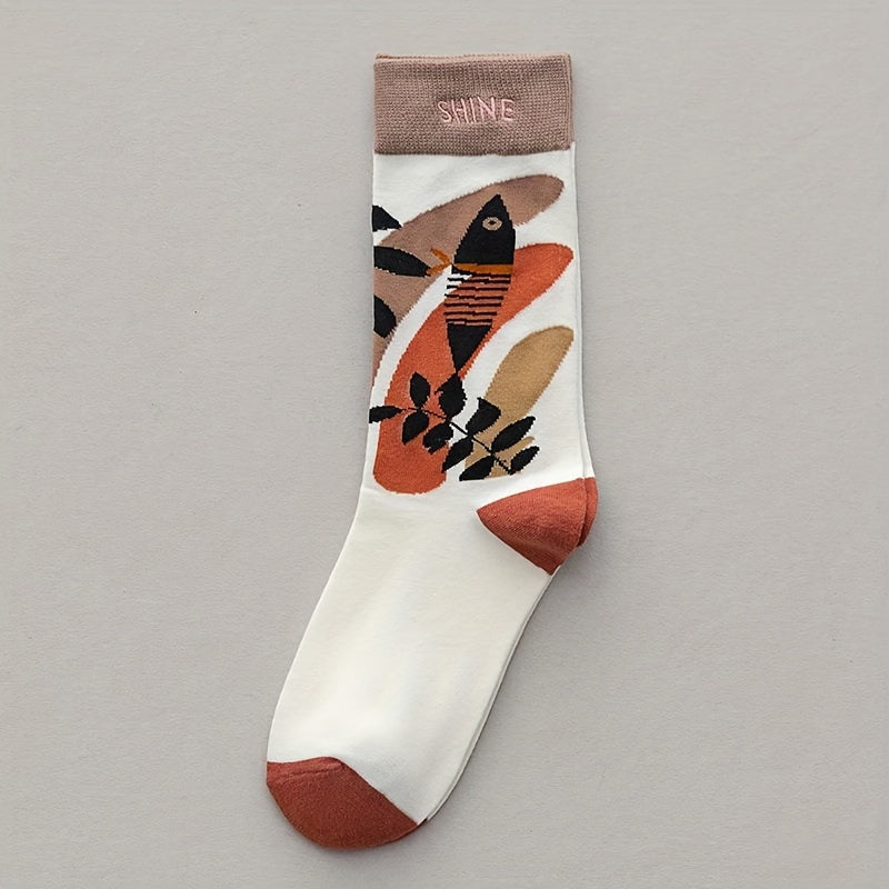 4 Pairs Illustration Print Socks Novelty Funny Mid Tube Stockings