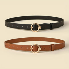 2pcs Round Buckle Belt Classic Solid PU Leather Waist Belt Women