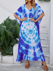 Boho Cover Up Dress Bat Sleeve V Neck Tie Dye Slight Stretch