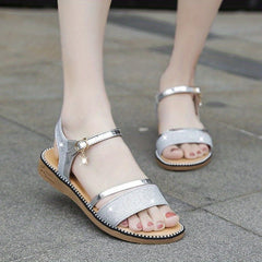Women's Glitter Flat Sandals Open Round Toe Ankle Strap Shoes