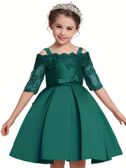 Toddler Girls Off Shoulder Lace Long Sleeve Dress for Party Birthday Gown