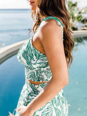 Leaf Print Two piece Set Crop Cami Top & Wide Leg Pants Outfits Women's Clothing