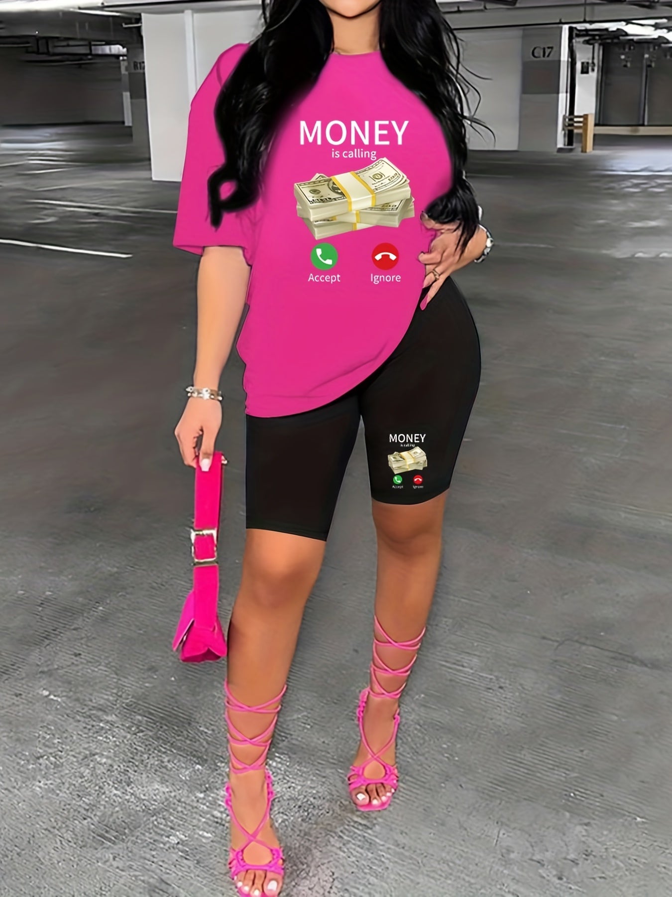 Funny Graphic Print Two Piece Set Crew Neck T-shirt & Slim Shorts