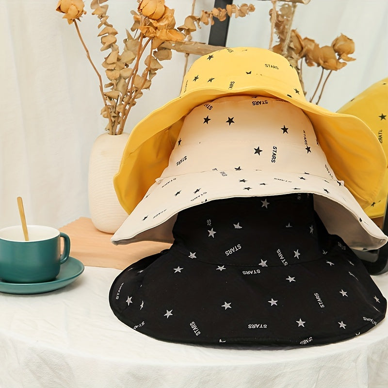 Stars Print Reversible Buckle Hat Wide Brim Solid Causal Sun Hat