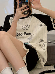 Cartoon Print Pajama Set Short Sleeve Crew Neck Top & Ruffle Shorts