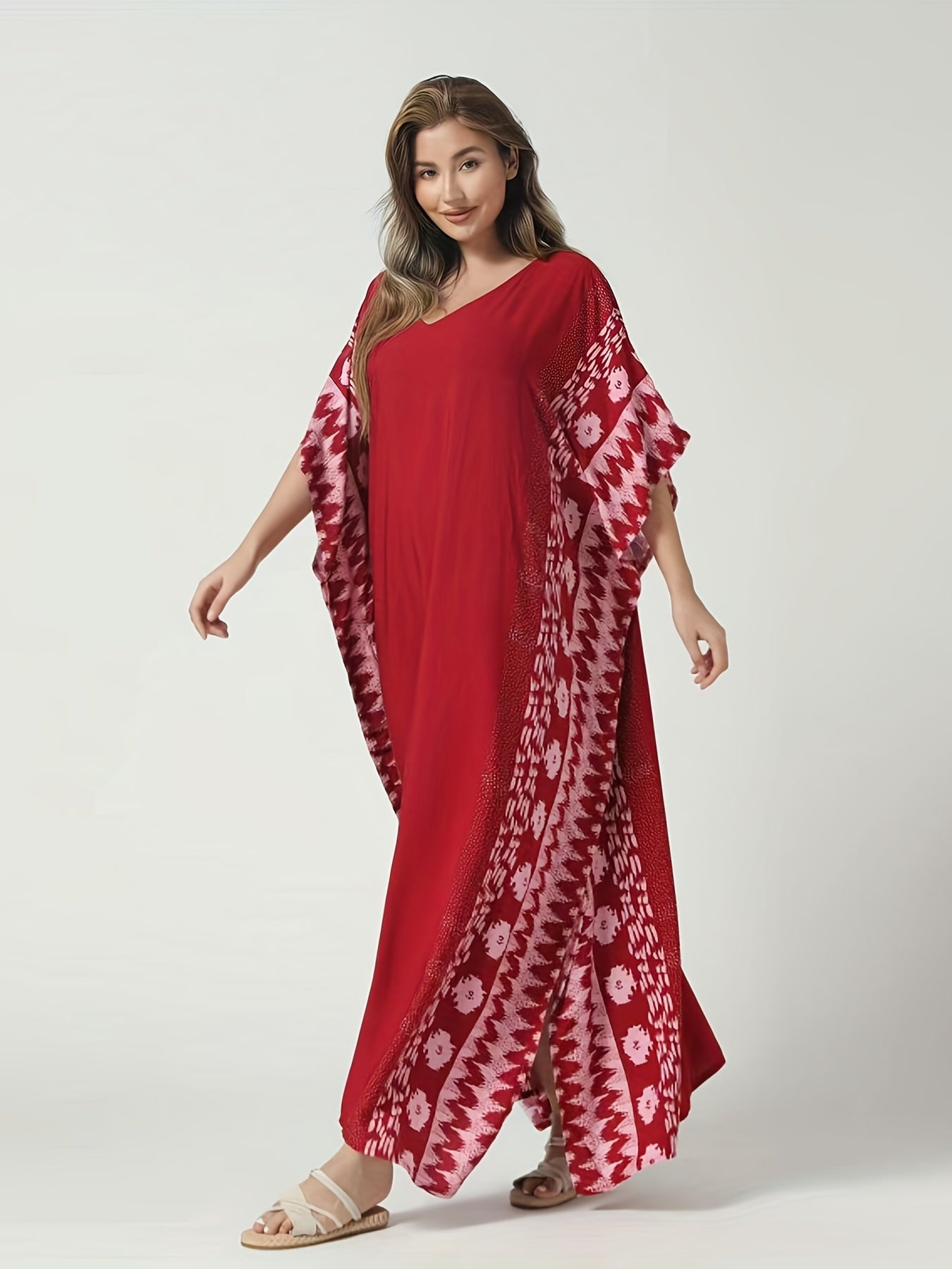 Floral Striped Batwing Sleeve V Neck Maxi Cover Up