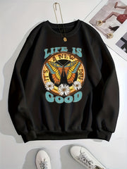 Butterfly & Letter Print Pullover Sweatshirt Fall/Winter Women's Clothing