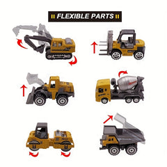 6pcs Engineering Vehicle Team Alloy Heavy Transport Excavator Road Roller Shovel