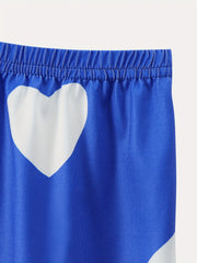 Satin Heart Print Pajama Set With Eye Mask