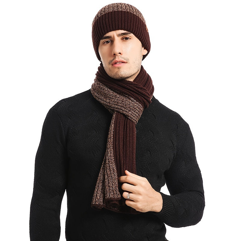 Men's Winter Hat Scarf Gloves Set Fleece Lined Beanie Touch Screen Gloves