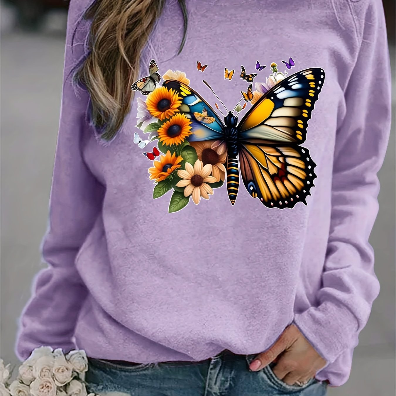 Butterfly Sunflower Print Sweatshirt Women's Casual Long Sleeve Crew Neck