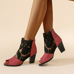 Floral Lace Block Heel Sandals Peep Toe High Heels
