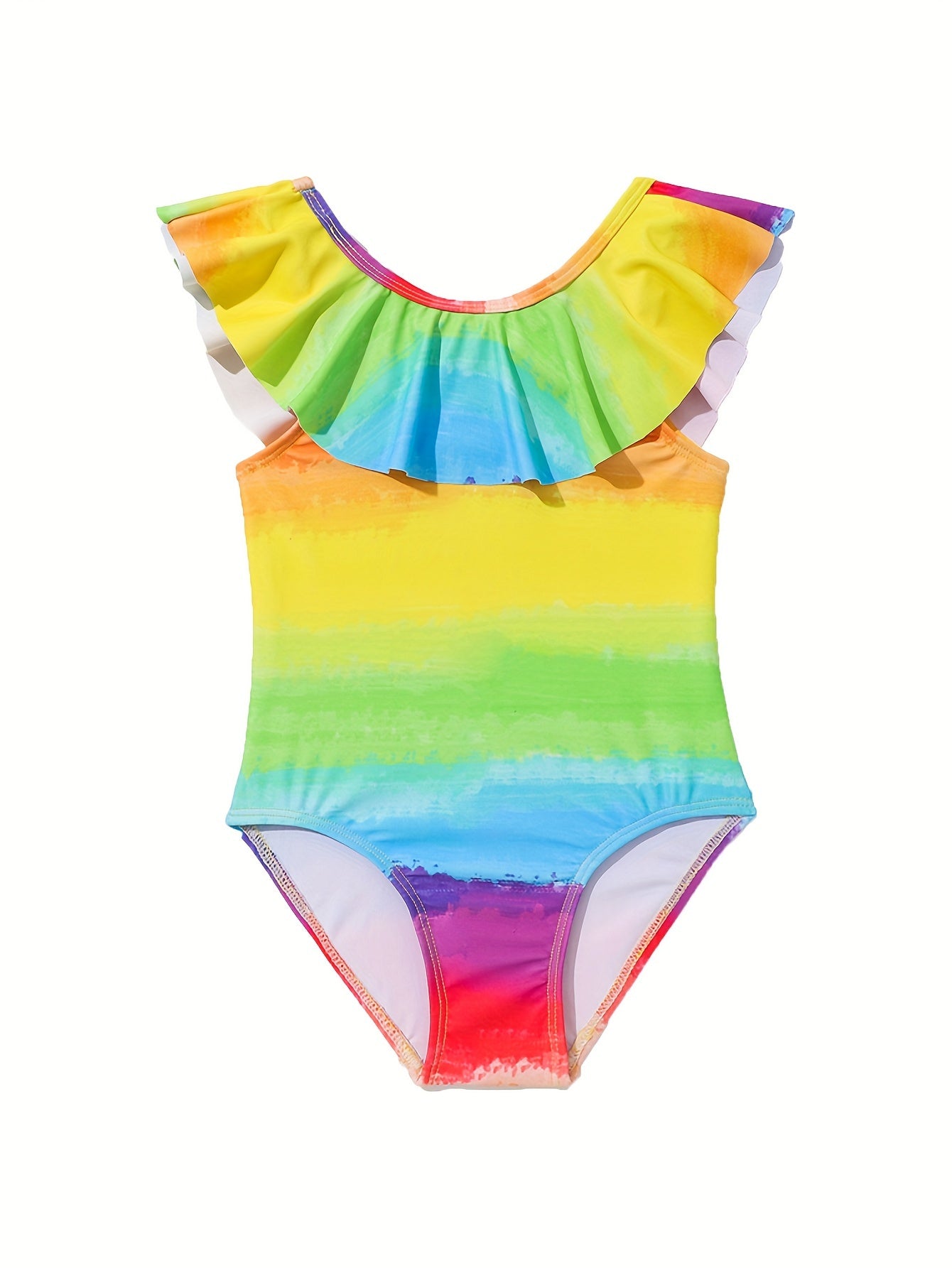 Gradient Rainbow Ruffle Trim Swimsuit for Girls