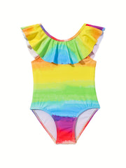 Gradient Rainbow Ruffle Trim Swimsuit for Girls