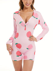 Peach Print Shorts Romper V-Neck Long Sleeve Pajamas
