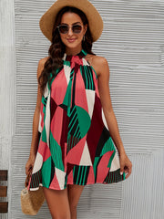 Geo Print Pleated Dress Tie Back Sleeveless Dress Women's Clothing