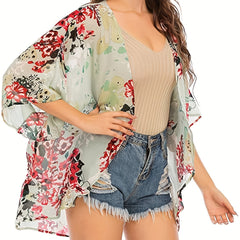 Floral Print Cover Up Shirt V Neck Loose Fit Semi Sheer Cover Up Shirt