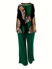 Women's Plus Colorblock Leopard & Paisley Print Tank Top & Wide Leg Pants Set