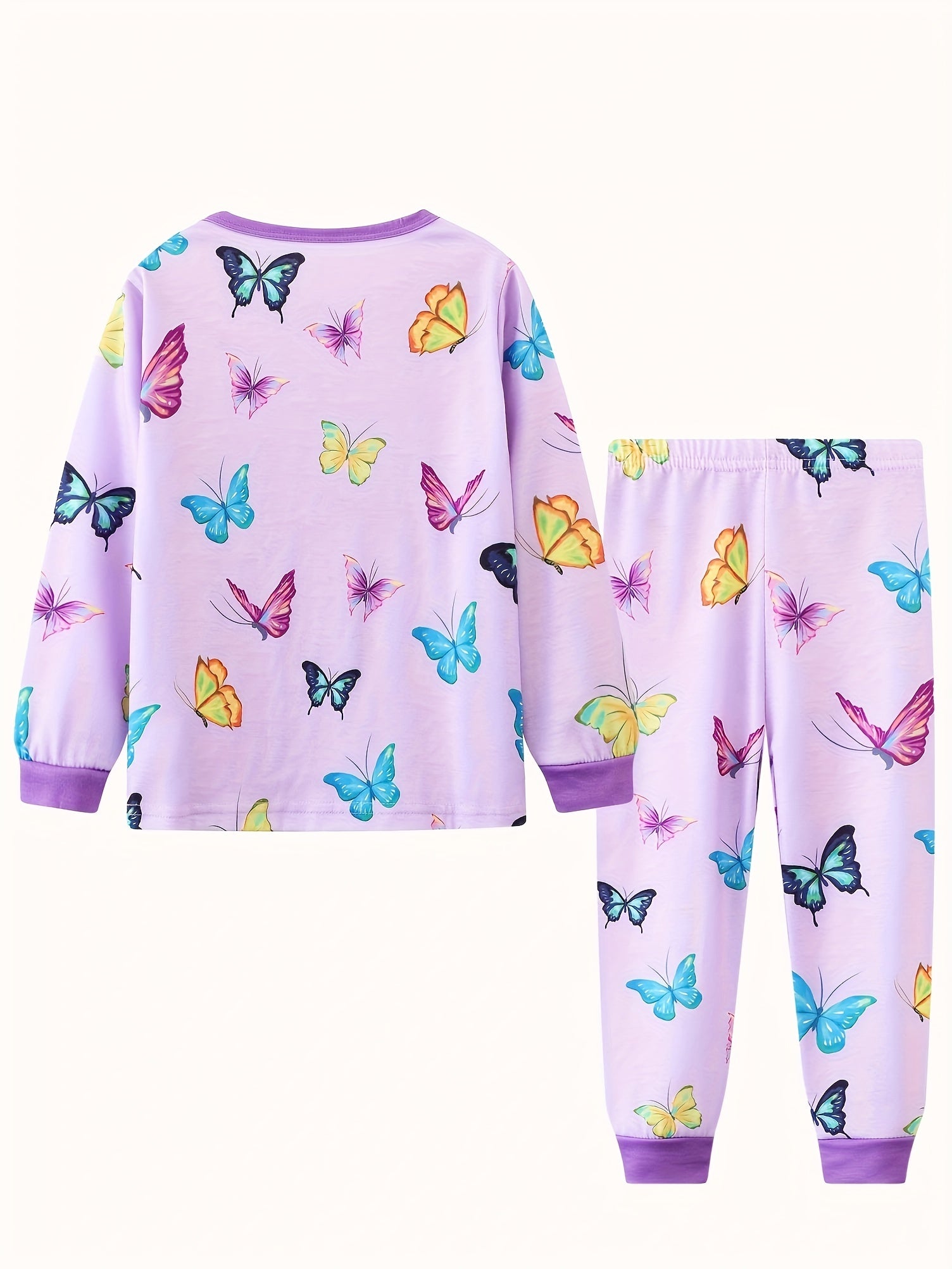 Girls Butterfly Print Pajamas Set Long Sleeve Top & Pants