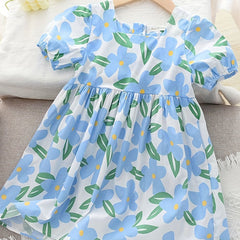 Girls' Cotton Floral Short Sleeve Casual Dress for Party Holiday