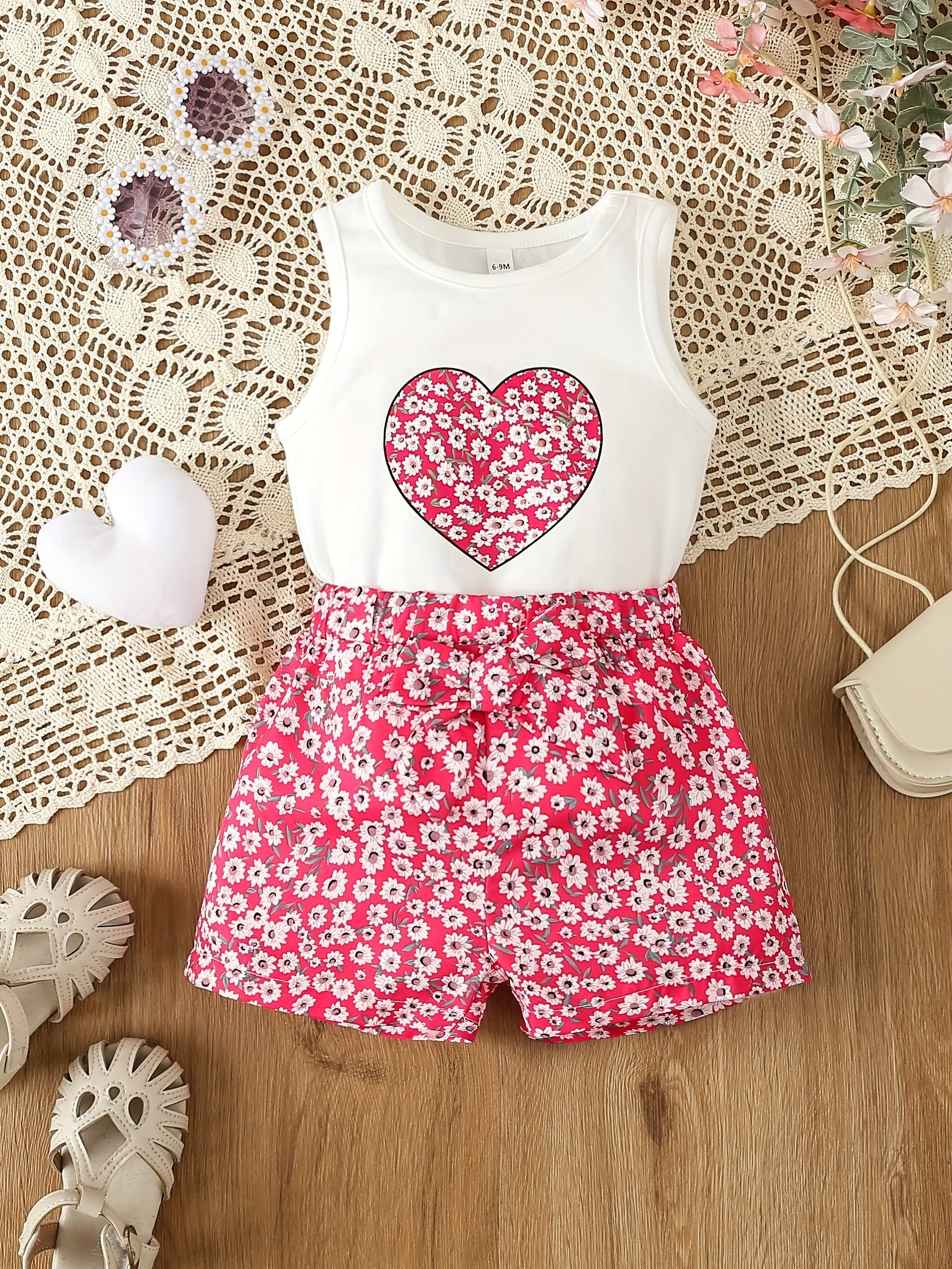 Toddler Girl's Floral Heart Print Romper with Belted Shorts
