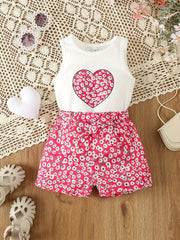Toddler Girl's Floral Heart Print Romper with Belted Shorts