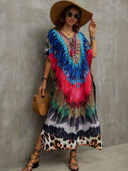 Feather Leopard Print Plus Size Boho Cover Up V Neck Tie Front