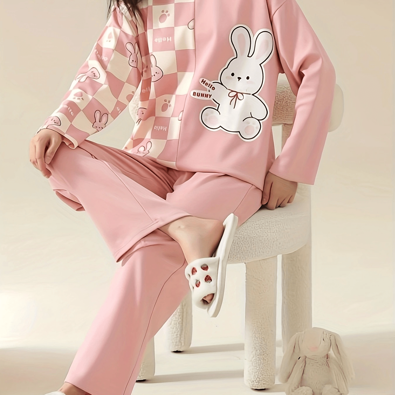 Bunny Print Pajama Set Long Sleeve Top & Pants Women's Sleepwear
