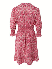 Women's Plus Floral Lantern Sleeve V Neck Shirred Waist Mini Dress