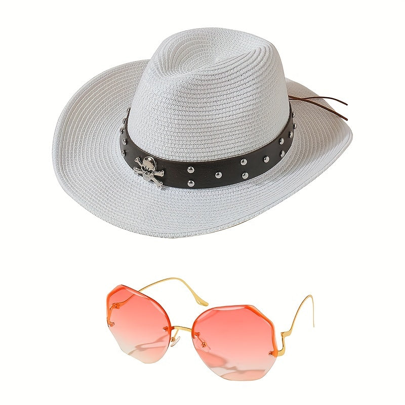 Cowboy Hat & Sunglasses Set Skull Belt Straw Sun Hat