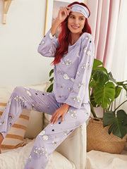 Cartoon Print Pajamas Set Long Sleeve Top & Pants Women's Sleepwear