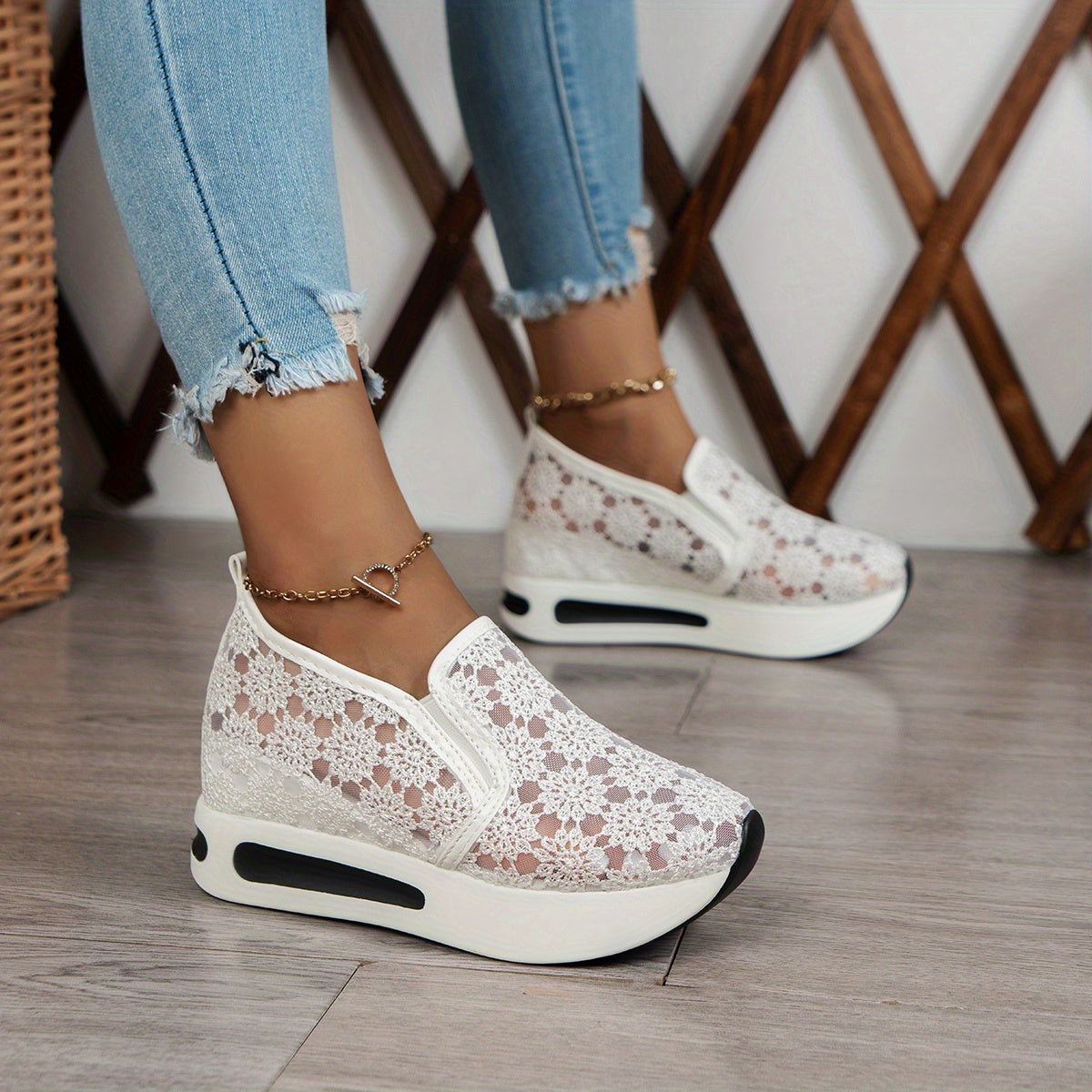 Women's Lace Rocker Shoes Mesh Slip On Platform Shoes