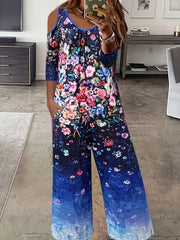 Floral Print Cold Shoulder Long Sleeve Jumpsuit With Pockets