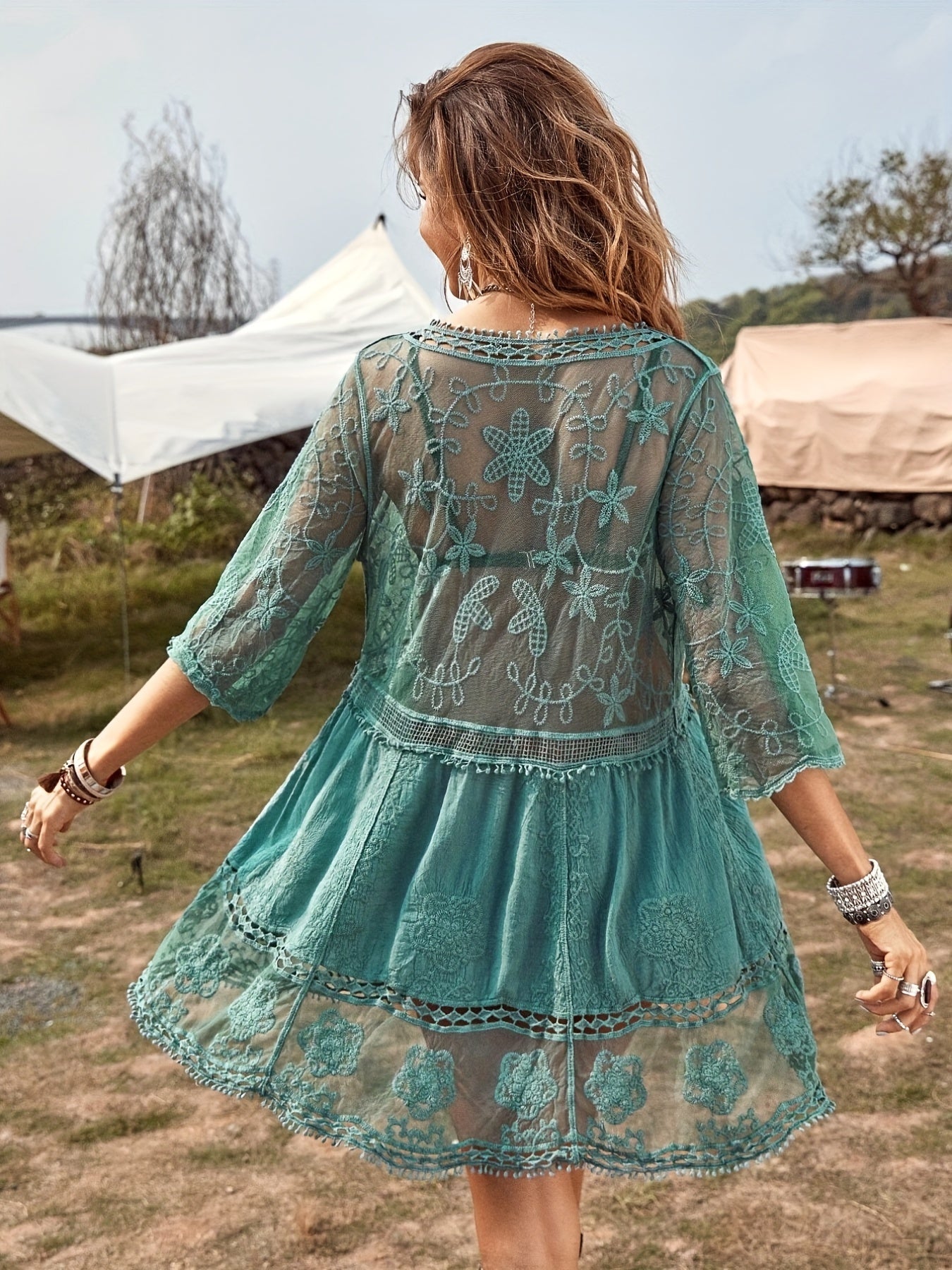 Floral Eyelet Embroidery Cover Up Beach Blouse