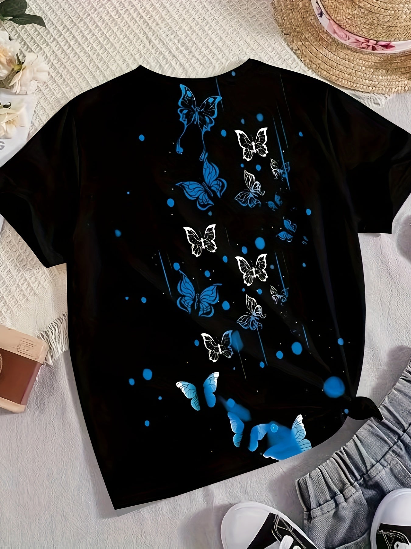Rose Heart Butterfly Print Short Sleeve T-shirt Girls Summer Sports Clothes